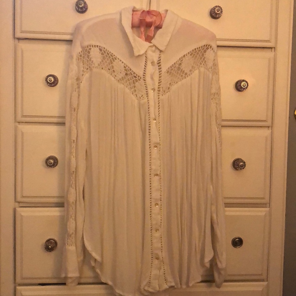 Free People White Lace Button Down